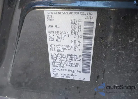 2015 Nissan Pathfinder Platinum из США, поврежденный, VIN 5N1AR2MMXFC643896